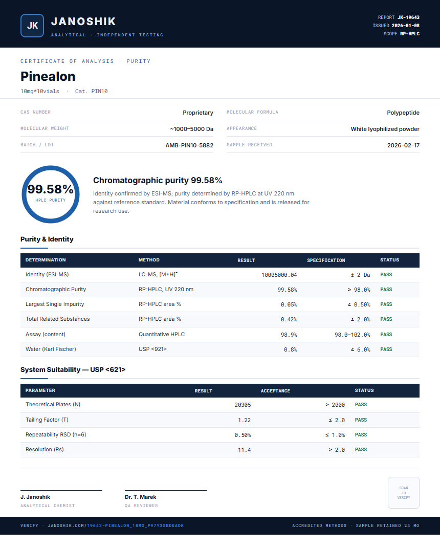 Pinealon Purity (HPLC) report by Janoshik Analytical