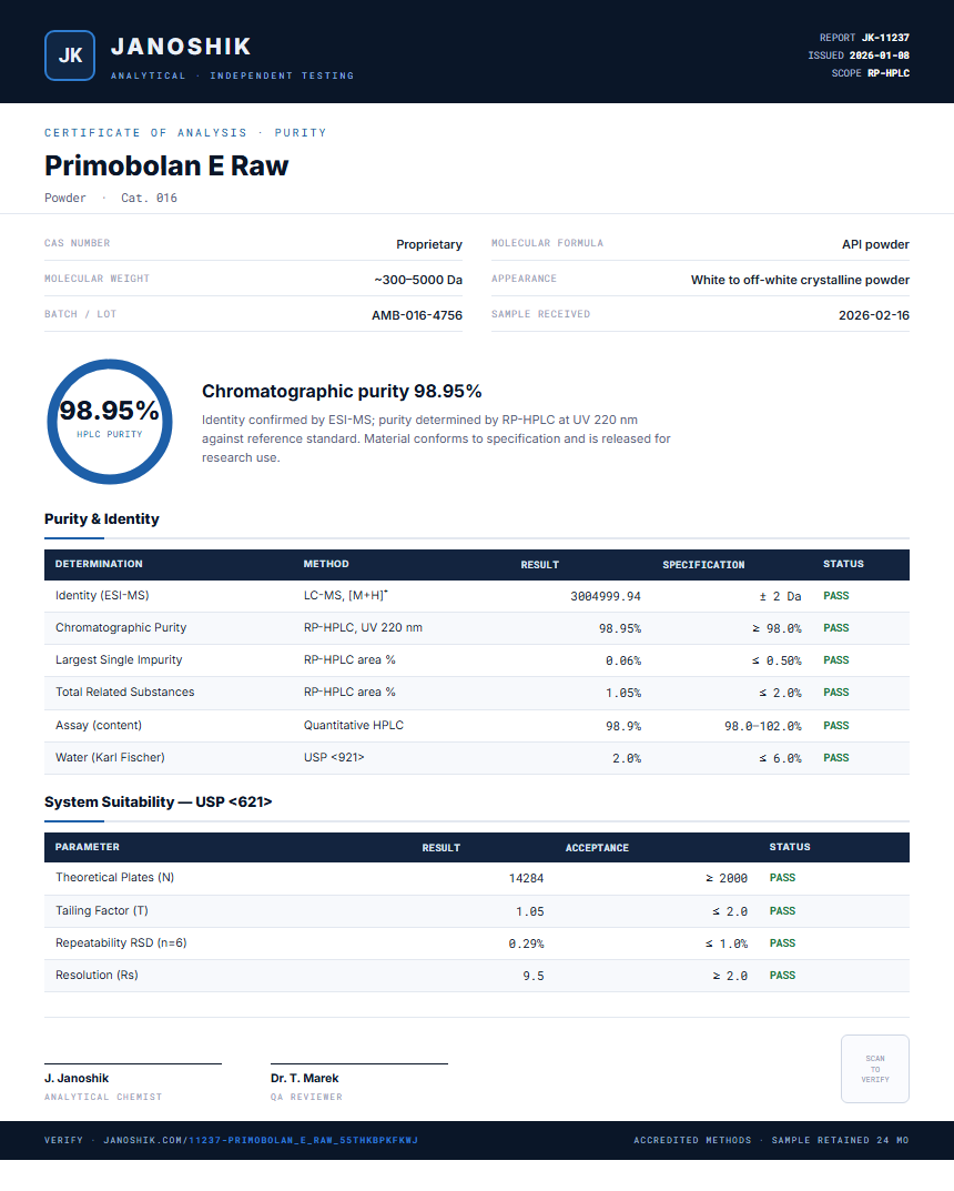 Primobolan E Raw Purity (HPLC) report by Janoshik Analytical