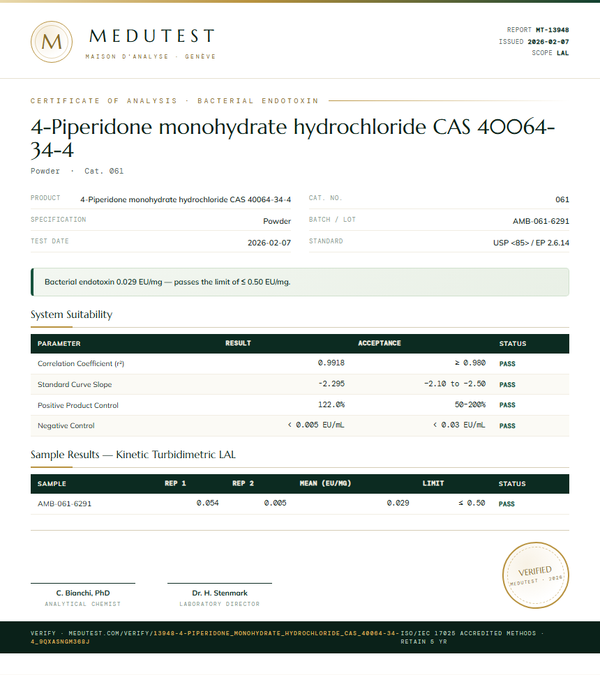 4-Piperidone monohydrate hydrochloride CAS 40064-34-4 Endotoxin report by Medutest