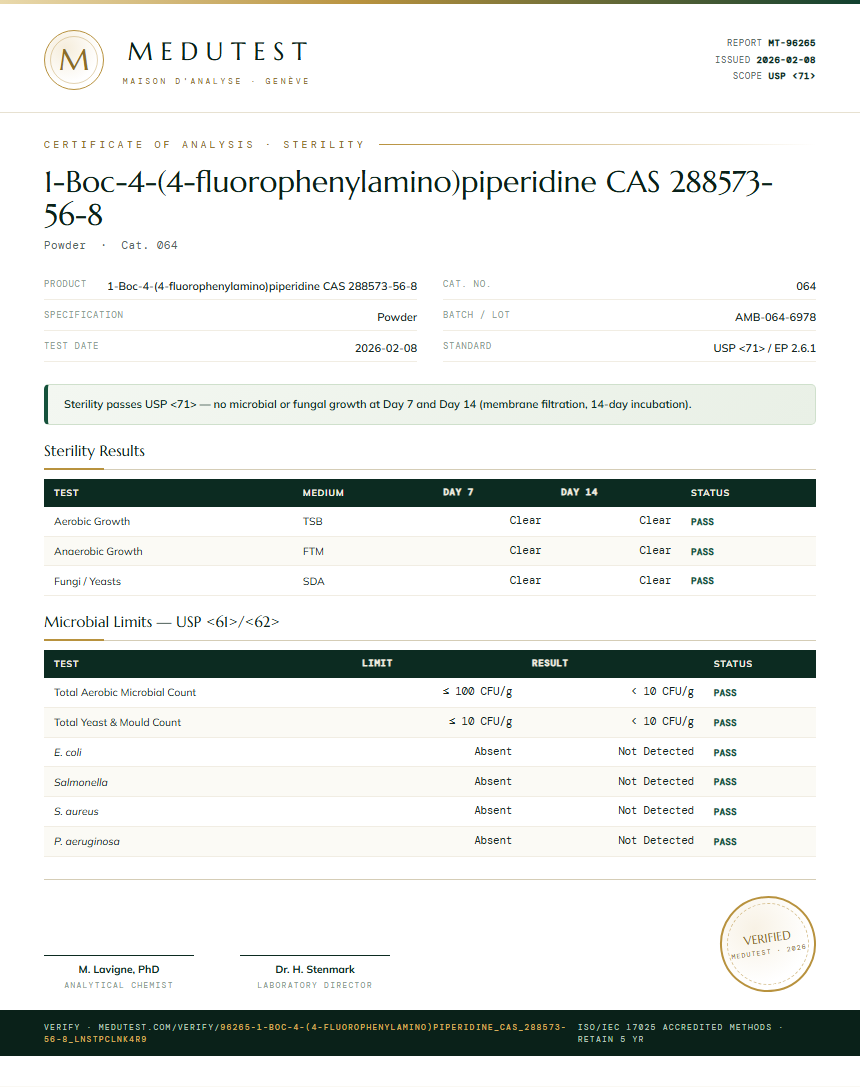 1-Boc-4-(4-fluorophenylamino)piperidine CAS 288573-56-8 Sterility report by Medutest