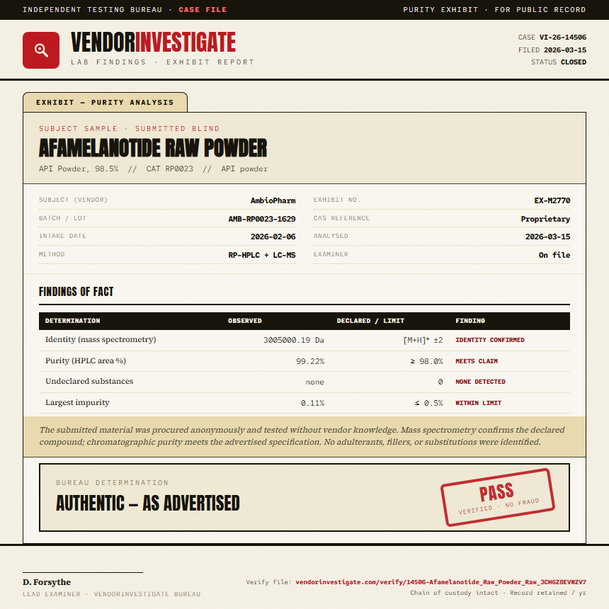 Afamelanotide Raw Powder Purity (HPLC) report by VendorInvestigate