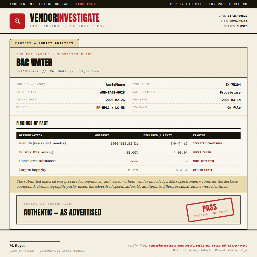 BAC Water Purity (HPLC) report by VendorInvestigate