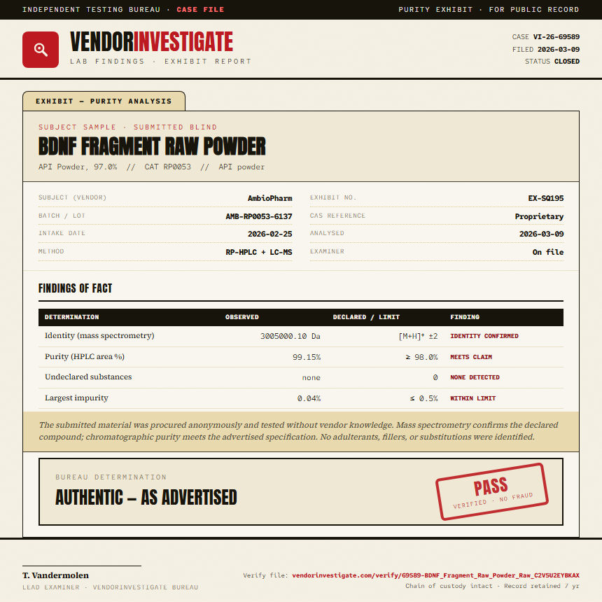 BDNF Fragment Raw Powder Purity (HPLC) report by VendorInvestigate