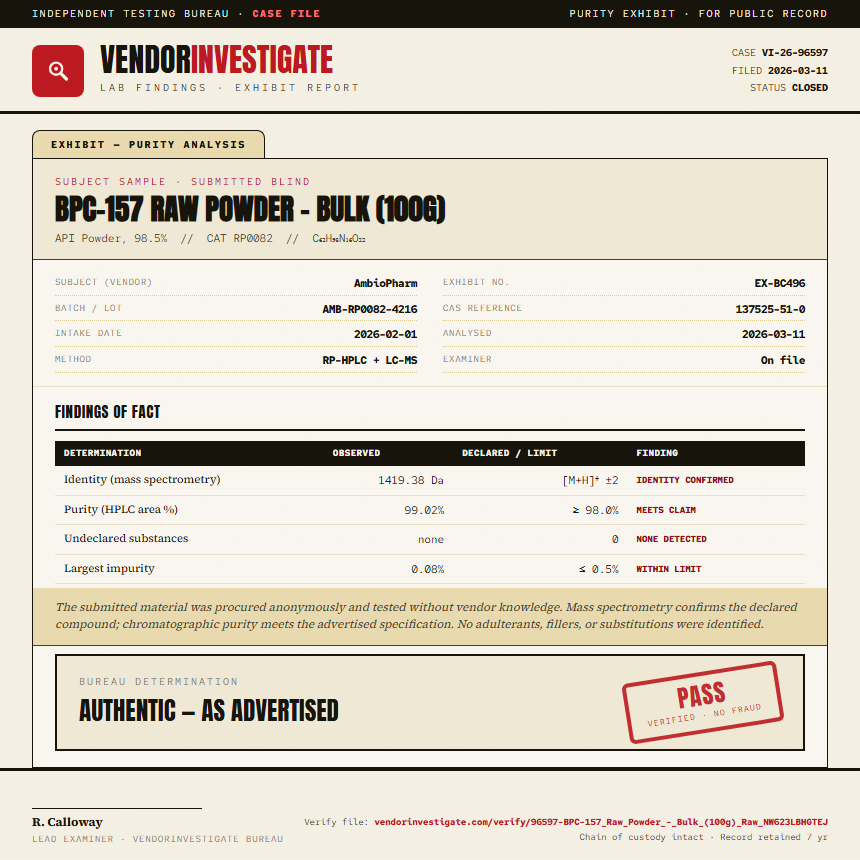 BPC-157 Raw Powder - Bulk (100g) Purity (HPLC) report by VendorInvestigate