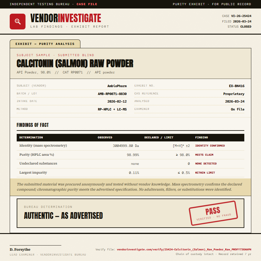 Calcitonin (Salmon) Raw Powder Purity (HPLC) report by VendorInvestigate