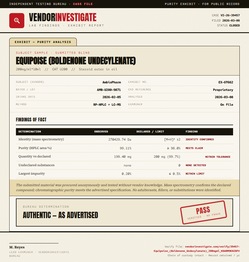 Equipoise (Boldenone Undecylenate) Purity (HPLC) report by VendorInvestigate