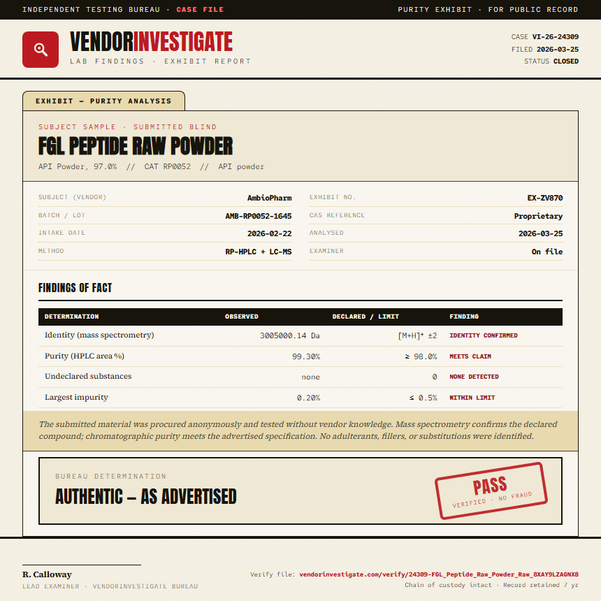 FGL Peptide Raw Powder Purity (HPLC) report by VendorInvestigate
