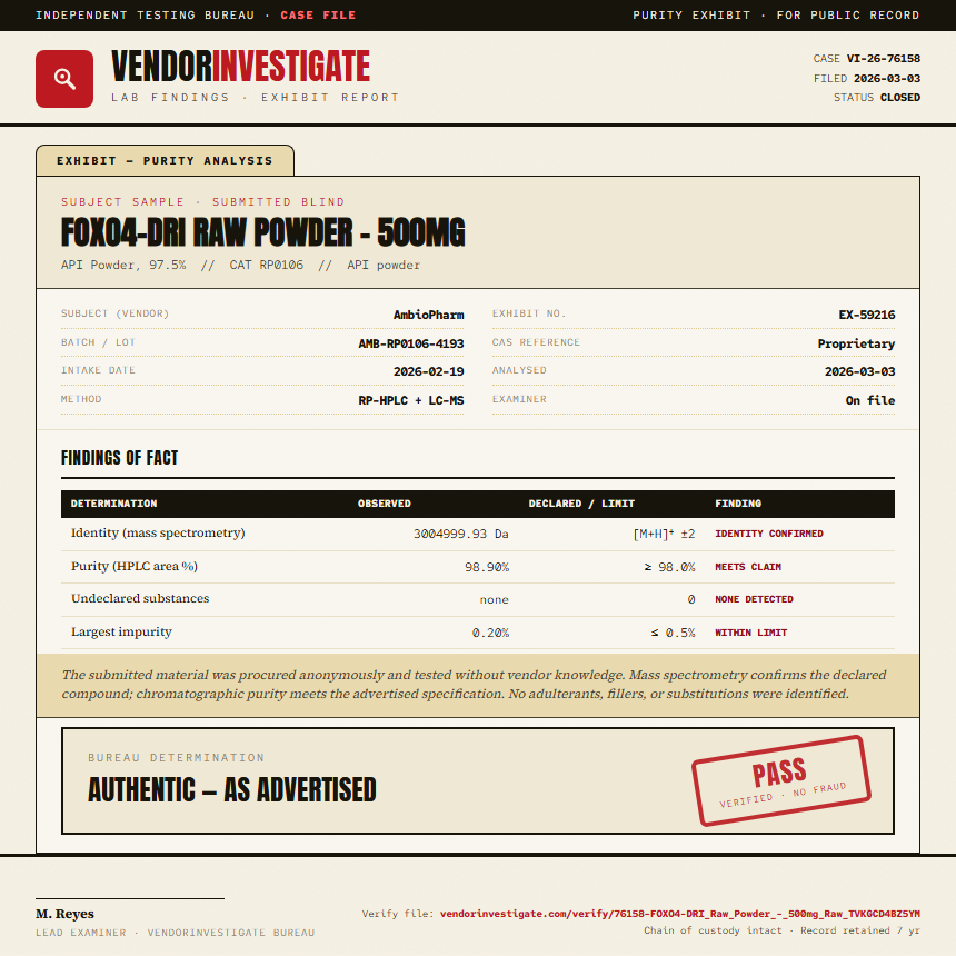 FOXO4-DRI Raw Powder - 500mg Purity (HPLC) report by VendorInvestigate