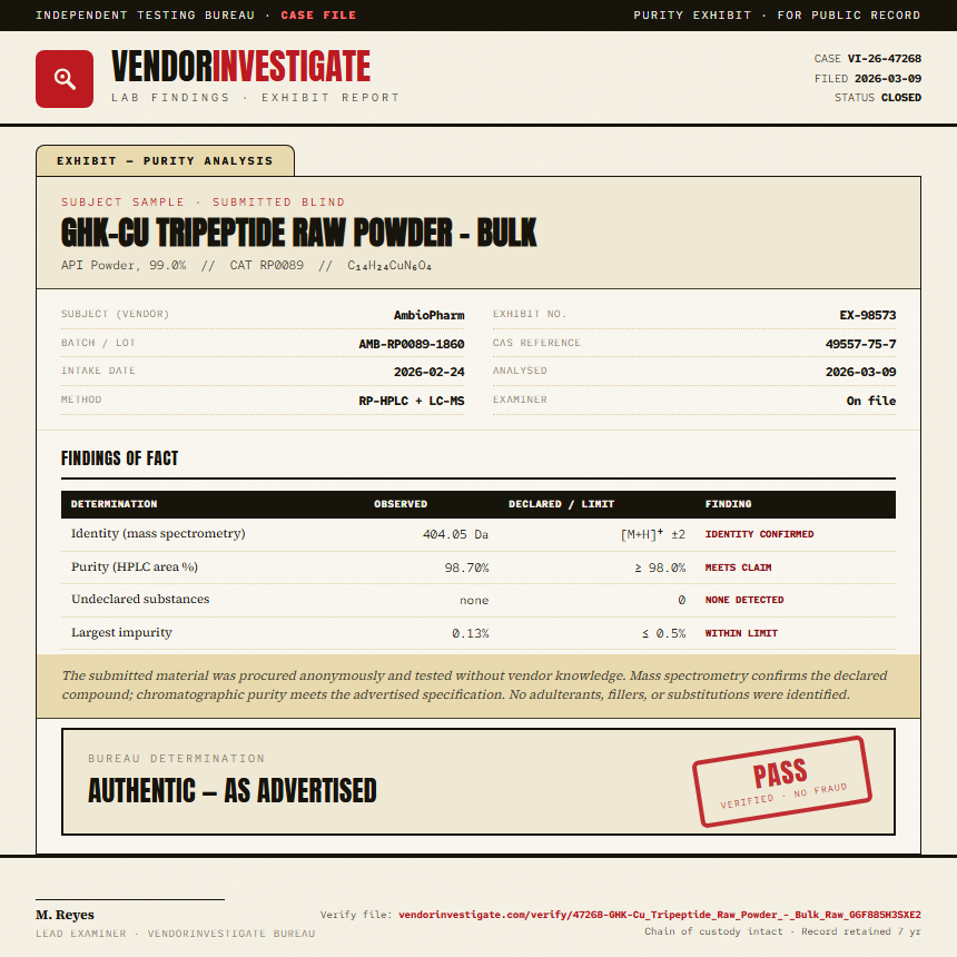 GHK-Cu Tripeptide Raw Powder - Bulk Purity (HPLC) report by VendorInvestigate