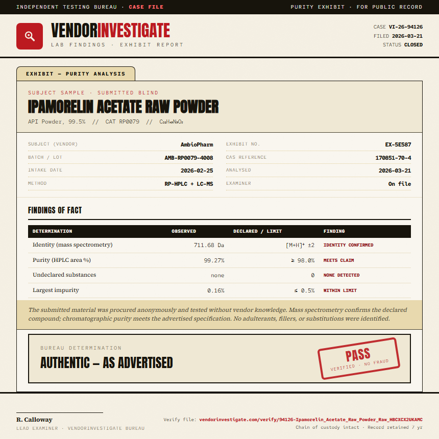 Ipamorelin Acetate Raw Powder Purity (HPLC) report by VendorInvestigate