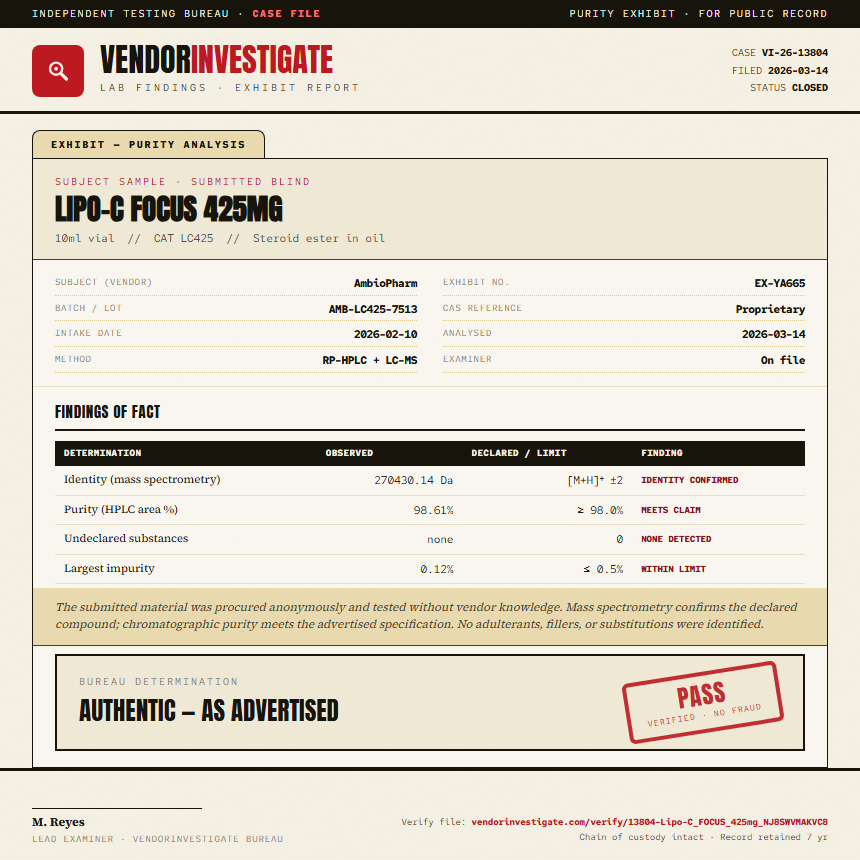 Lipo-C FOCUS 425mg Purity (HPLC) report by VendorInvestigate