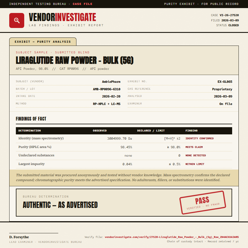Liraglutide Raw Powder - Bulk (5g) Purity (HPLC) report by VendorInvestigate