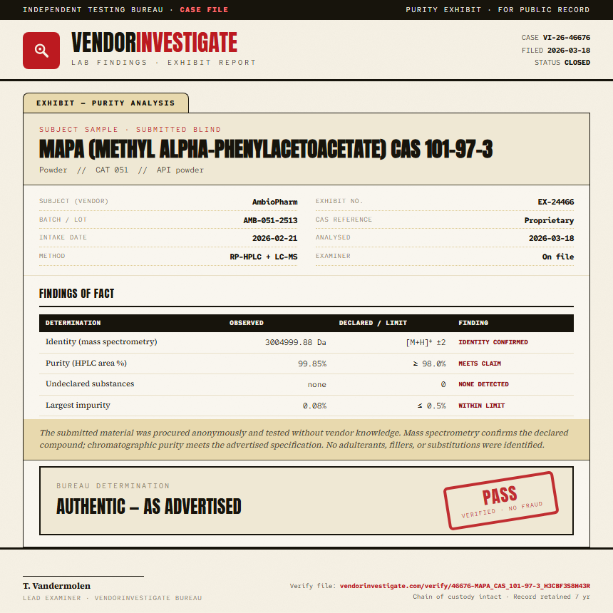 MAPA (methyl alpha-phenylacetoacetate) CAS 101-97-3 Purity (HPLC) report by VendorInvestigate