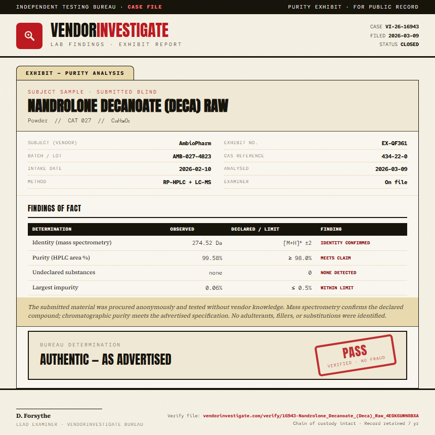 Nandrolone Decanoate (Deca) Raw Purity (HPLC) report by VendorInvestigate
