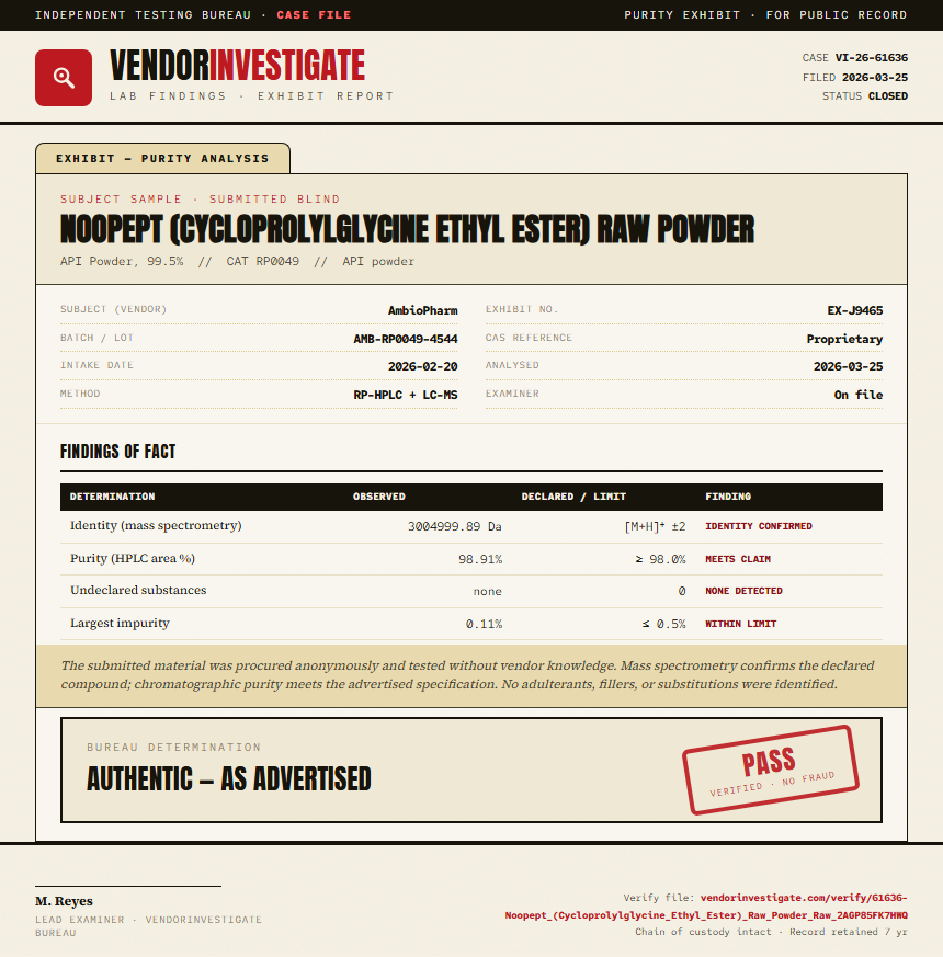 Noopept (Cycloprolylglycine Ethyl Ester) Raw Powder Purity (HPLC) report by VendorInvestigate