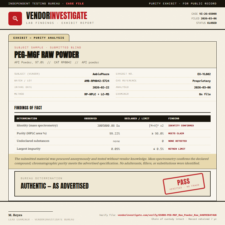 PEG-MGF Raw Powder Purity (HPLC) report by VendorInvestigate