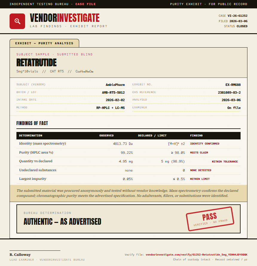 Retatrutide Purity (HPLC) report by VendorInvestigate