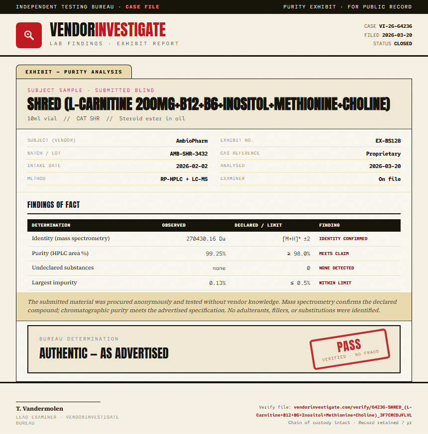 SHRED (L-Carnitine 200mg+B12+B6+Inositol+Methionine+Choline) Purity (HPLC) report by VendorInvestigate