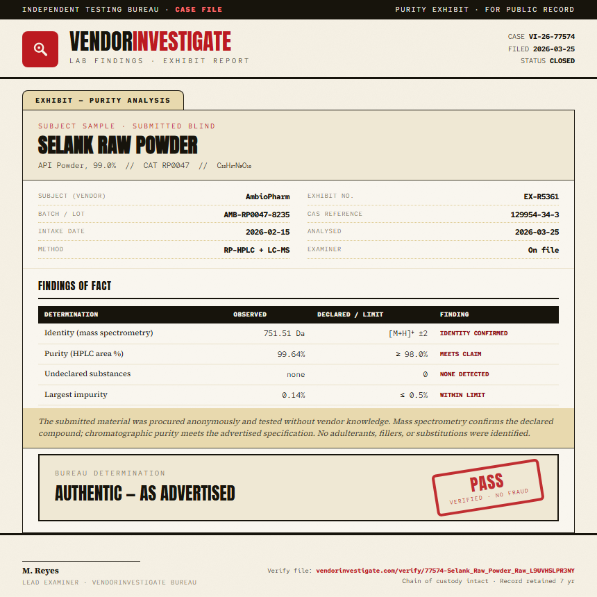 Selank Raw Powder Purity (HPLC) report by VendorInvestigate