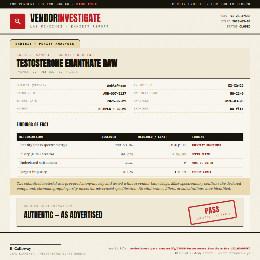 Testosterone Enanthate Raw Purity (HPLC) report by VendorInvestigate