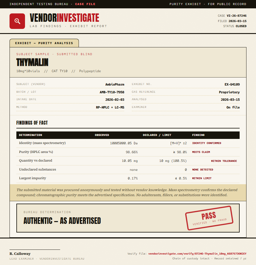 Thymalin Purity (HPLC) report by VendorInvestigate