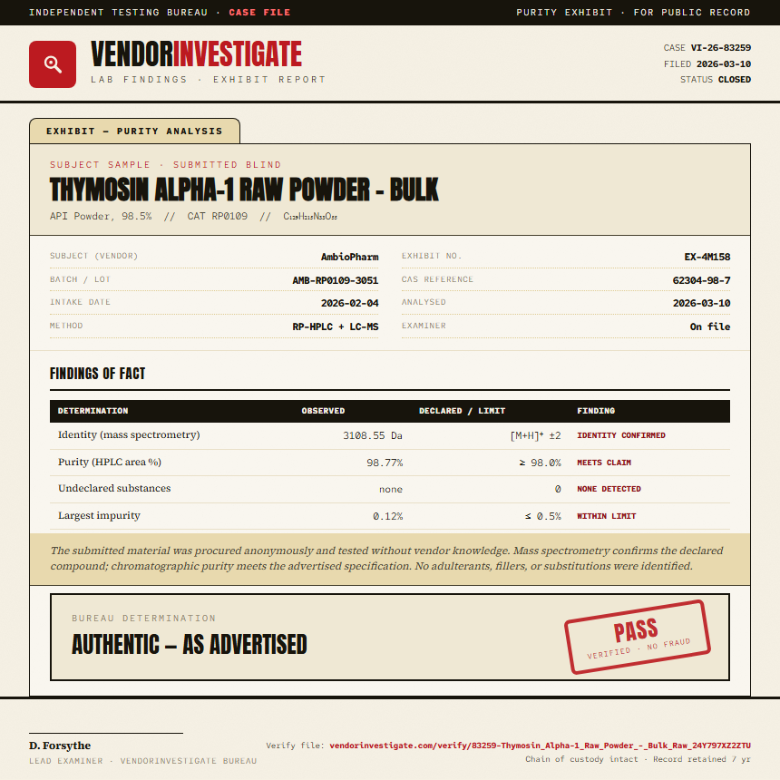 Thymosin Alpha-1 Raw Powder - Bulk Purity (HPLC) report by VendorInvestigate