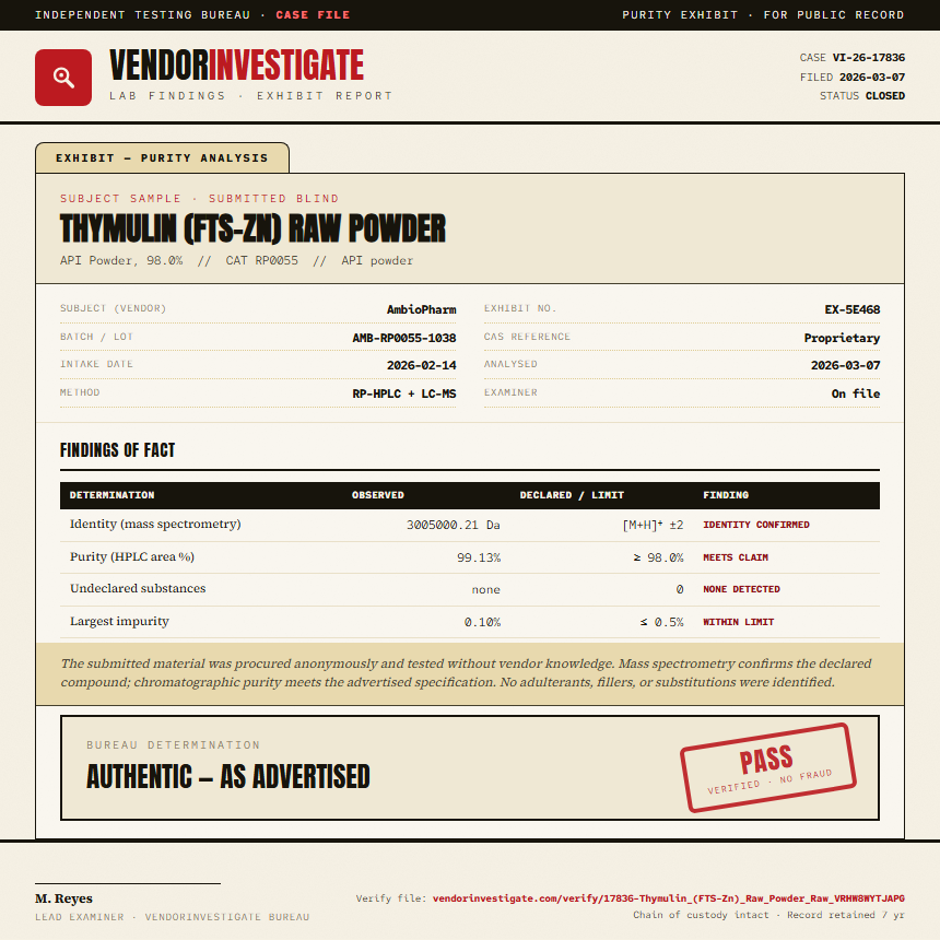 Thymulin (FTS-Zn) Raw Powder Purity (HPLC) report by VendorInvestigate