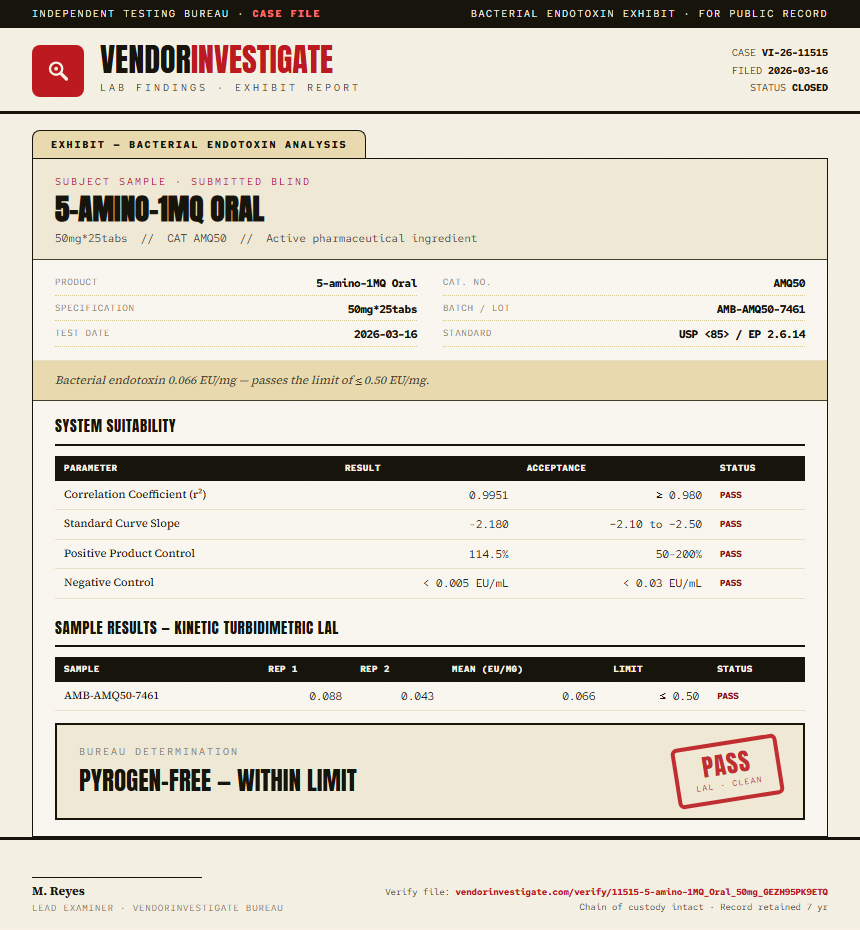 5-amino-1MQ Oral Endotoxin report by VendorInvestigate