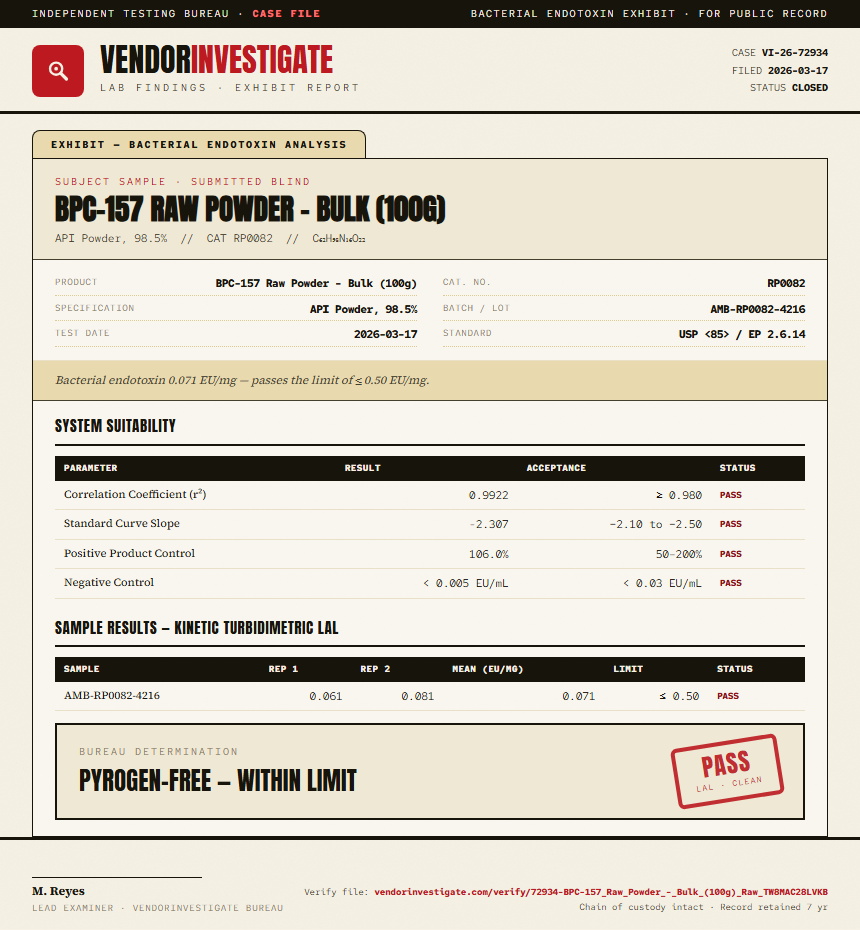 BPC-157 Raw Powder - Bulk (100g) Endotoxin report by VendorInvestigate