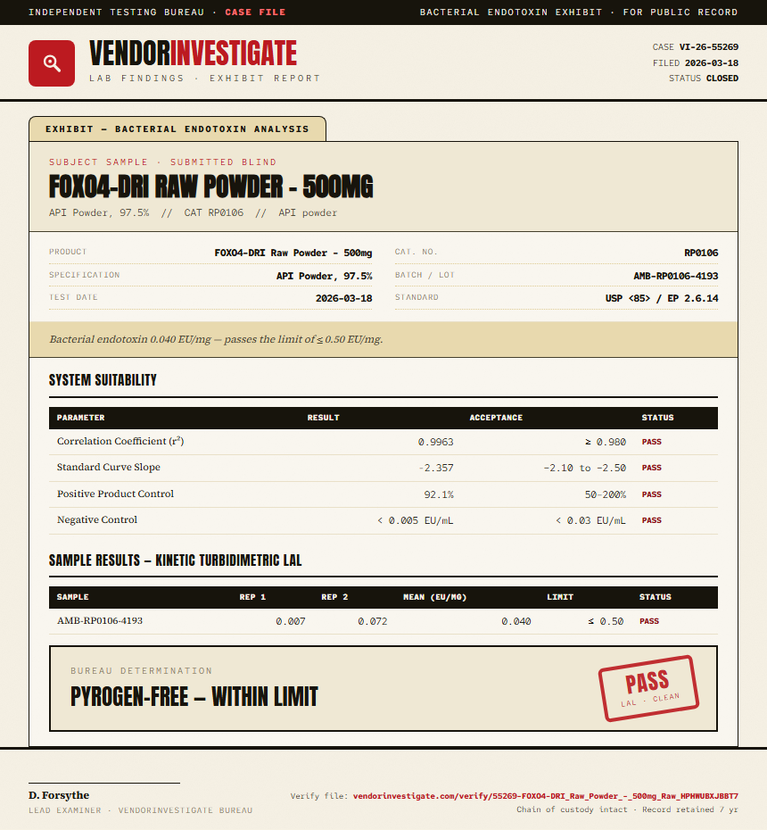 FOXO4-DRI Raw Powder - 500mg Endotoxin report by VendorInvestigate