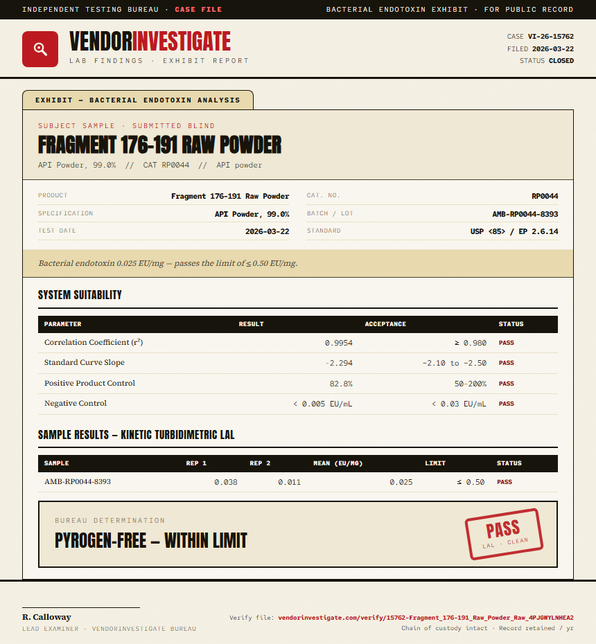 Fragment 176-191 Raw Powder Endotoxin report by VendorInvestigate
