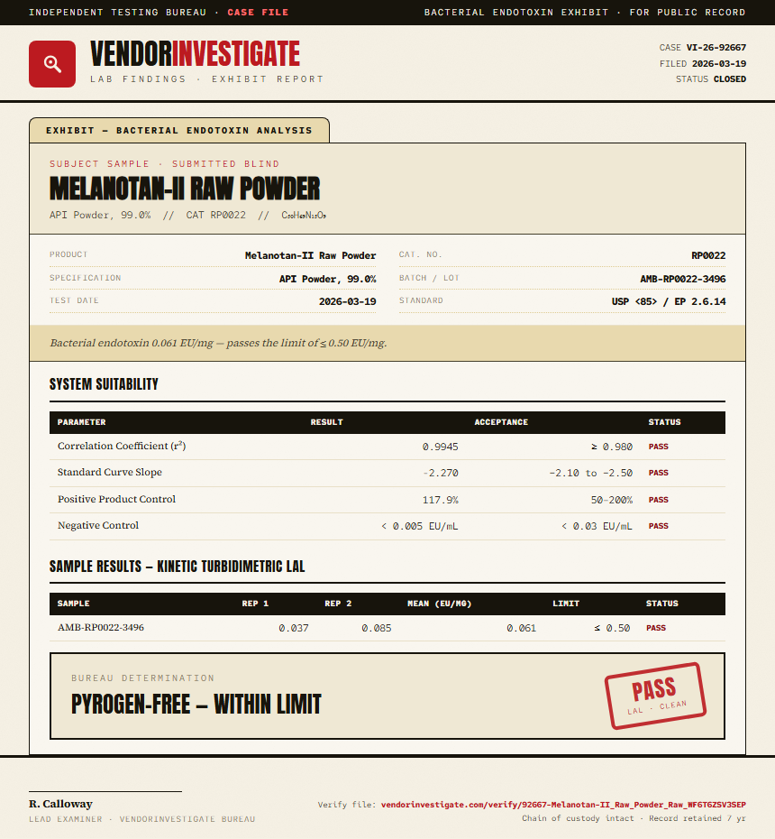 Melanotan-II Raw Powder Endotoxin report by VendorInvestigate