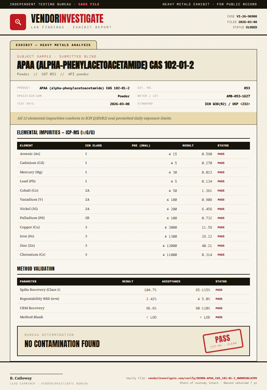APAA (alpha-phenylacetoacetamide) CAS 102-01-2 Heavy Metals report by VendorInvestigate