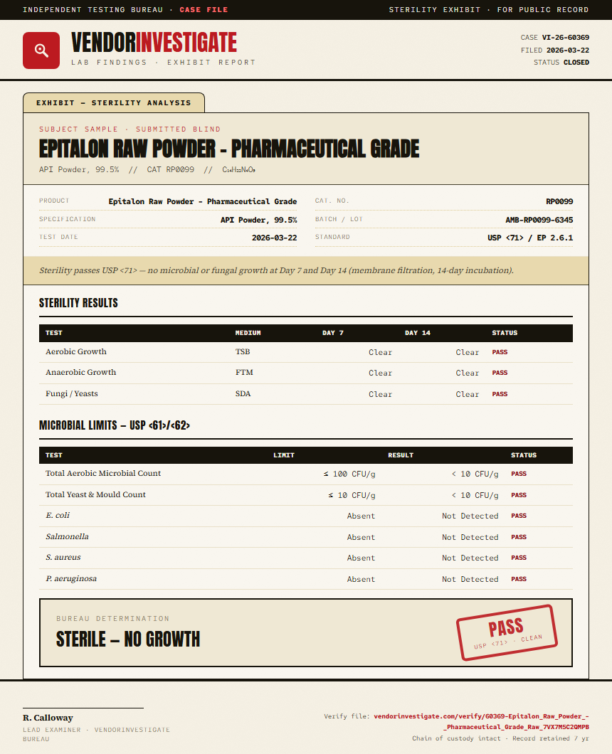 Epitalon Raw Powder - Pharmaceutical Grade Sterility report by VendorInvestigate