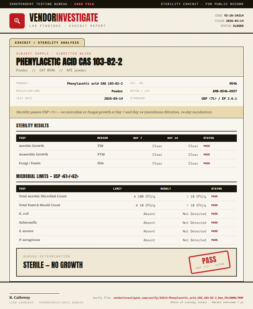 Phenylacetic acid CAS 103-82-2 Sterility report by VendorInvestigate